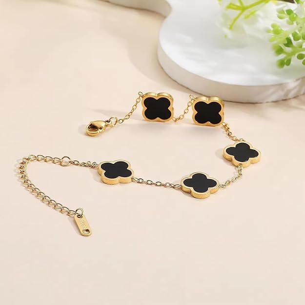 GOLDEN BLACK CLOVER - HOLOGRAPHIC STAINLESS STEEL 18K GOLD PLATED ANTI TARNISH BRACELET