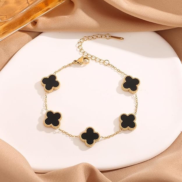 GOLDEN BLACK CLOVER - HOLOGRAPHIC STAINLESS STEEL 18K GOLD PLATED ANTI TARNISH BRACELET