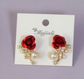Dash Red Rose Flower With Pearl and Crystals Stud Korean Earrings