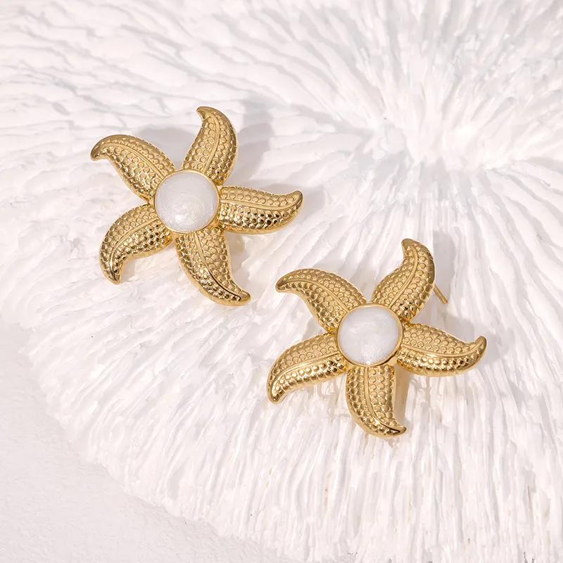 Gold Starfish Pearl Stud Earrings
