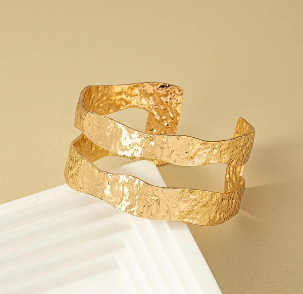 Double Layer Cuff Bangle – Textured Gold Tone Open Bracelet for Women