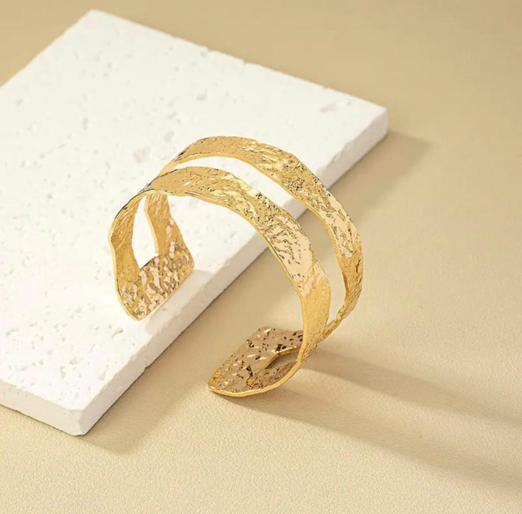 Double Layer Cuff Bangle – Textured Gold Tone Open Bracelet for Women
