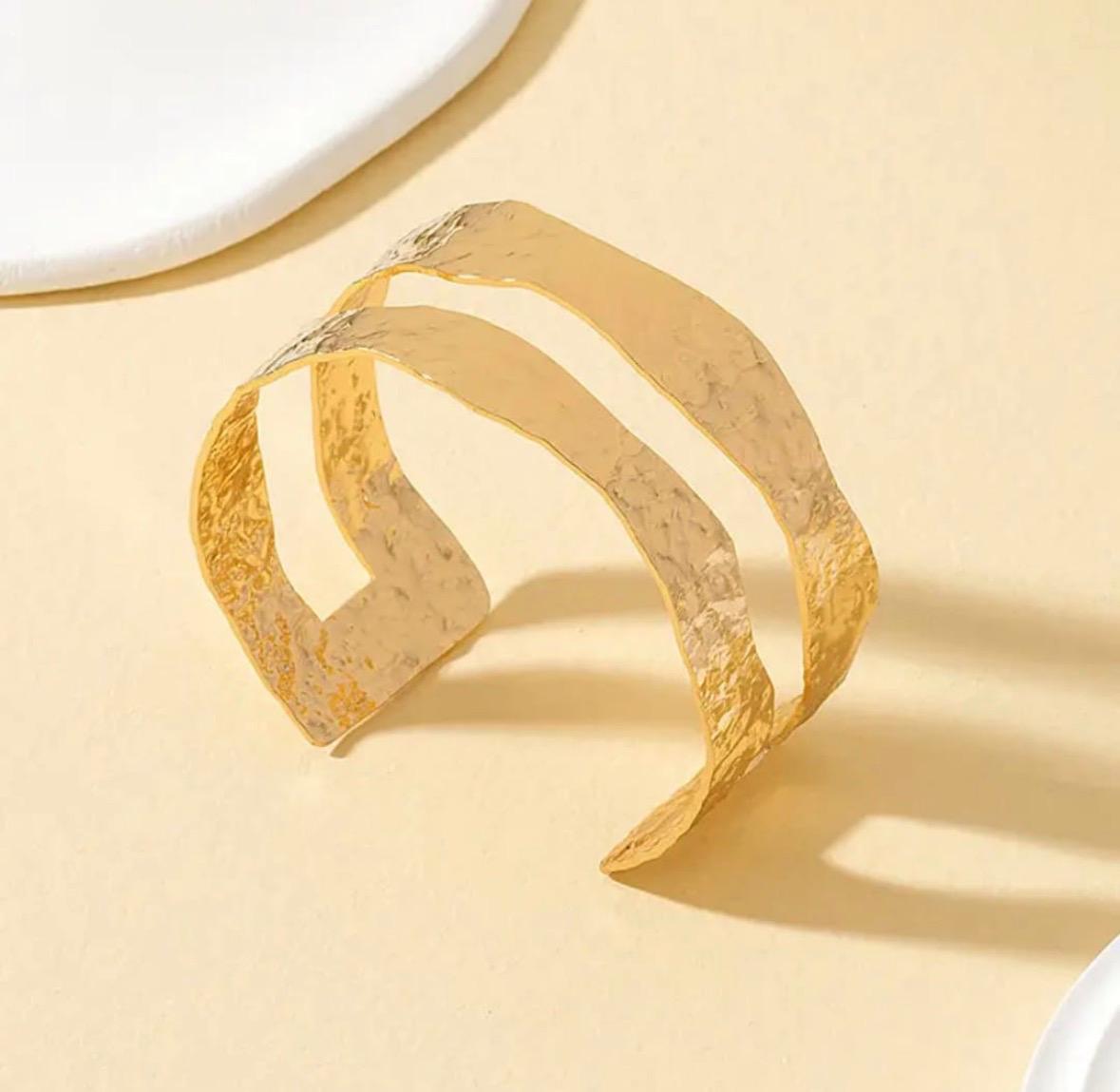 Double Layer Cuff Bangle – Textured Gold Tone Open Bracelet for Women
