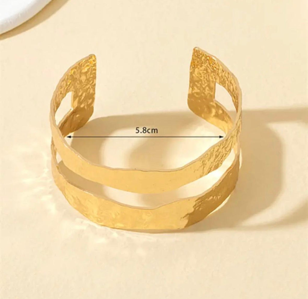 Double Layer Cuff Bangle – Textured Gold Tone Open Bracelet for Women