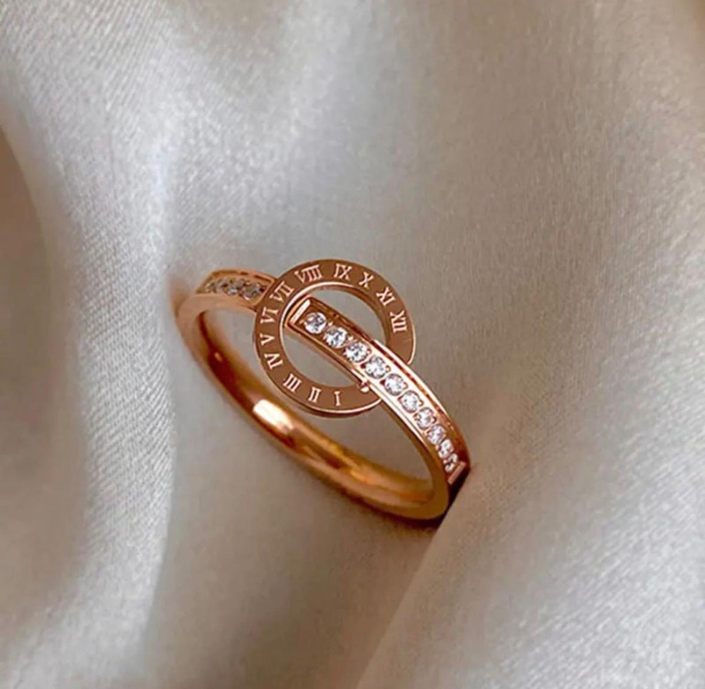 Rose Gold Plated Stainless Steel Roman Numeral Ring with Cubic Zirconia – Women