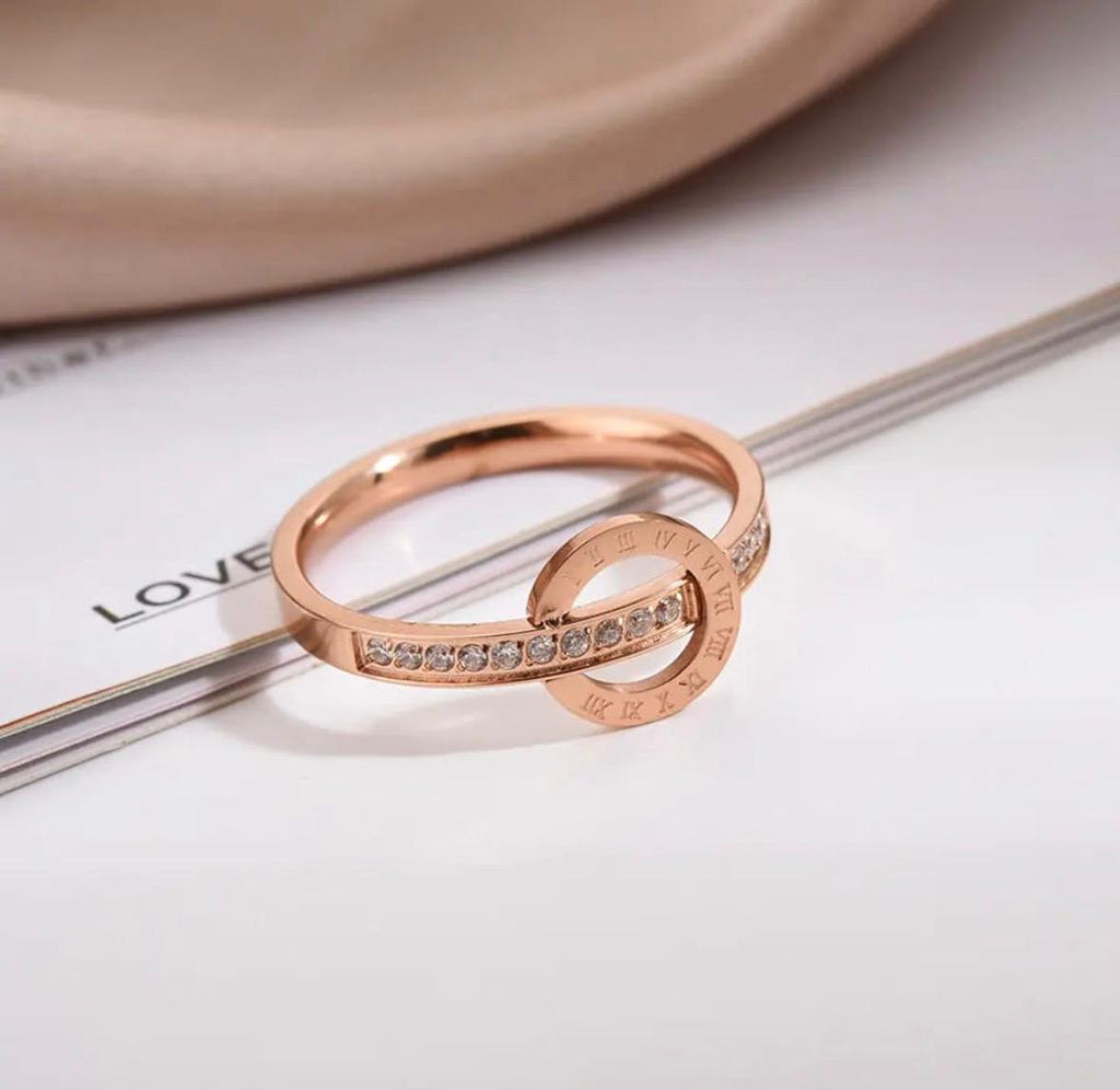 Rose Gold Plated Stainless Steel Roman Numeral Ring with Cubic Zirconia – Women