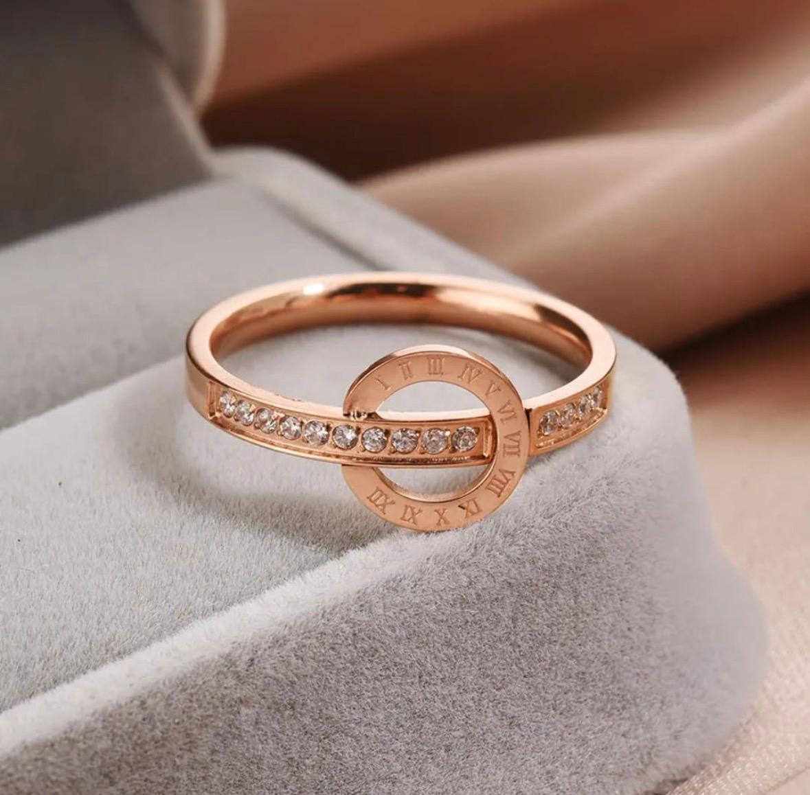 Rose Gold Plated Stainless Steel Roman Numeral Ring with Cubic Zirconia – Women