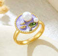 Korean Floral Resin Ring – Gold Tone Pearl Enamel Adjustable Ring for Women
